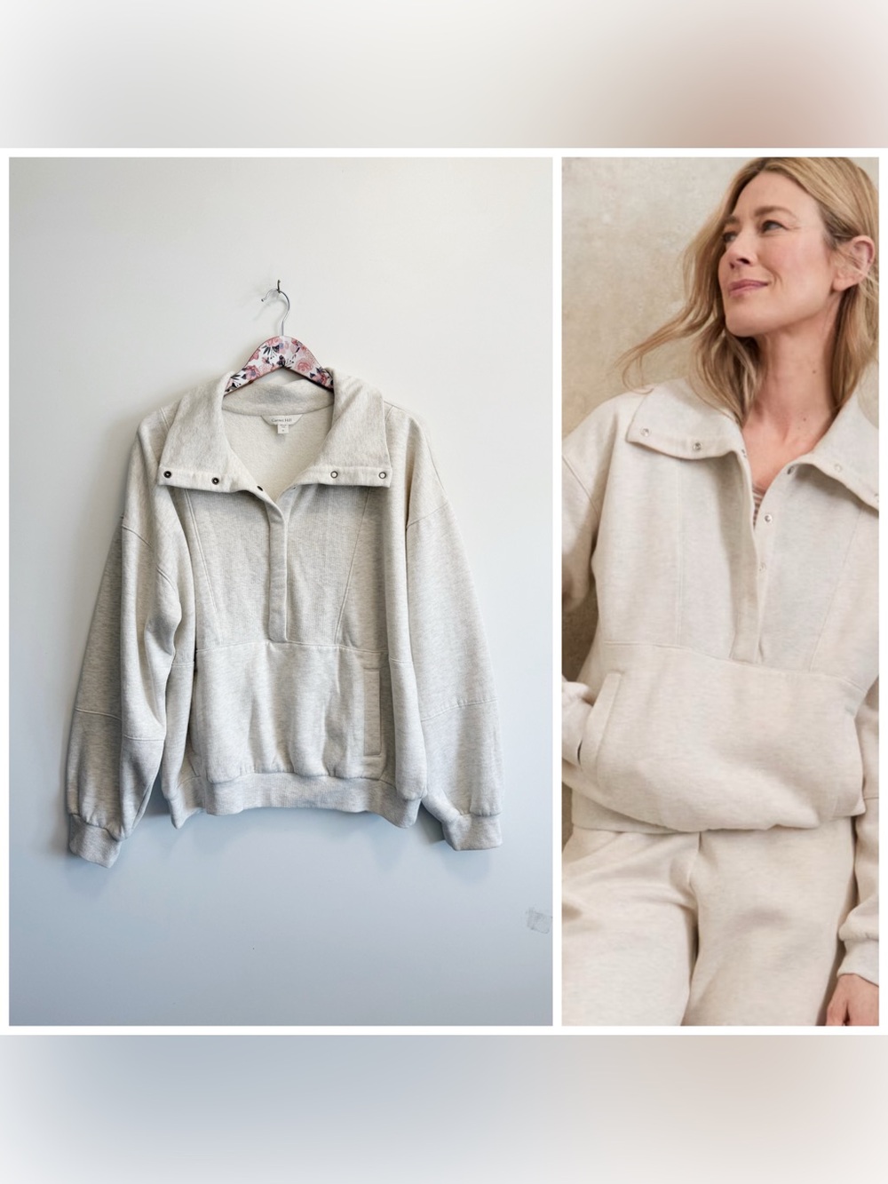 GARNET HILL Passport French Terry Pullover Sweatshirt Snap Size XL Cream